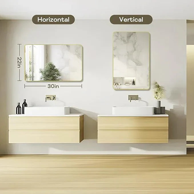 Minuover Gold Framed Bathroom Mirror, Brushed Gold Bathroom Vanity Wall Mirror, Rounded Rectangle Gold Frame Mirror, Tempered Glass, Anti-Rust, Hangs Horizontally or Vertically (22" x 30", Gold) - ModernBath