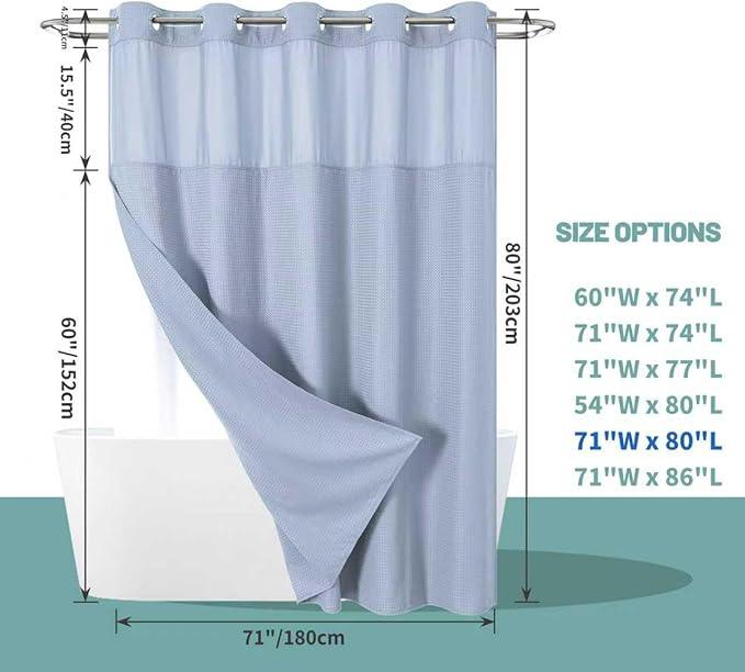 eachope FrostBlue Long No Hook Waffle Weave Shower Curtain with snap-in Liner Replacement, 230GSM Waterproof Fabric Hotel Shower Curtain Set for Bathroom, Through Mesh Top Window,71Wx80H - ModernBath
