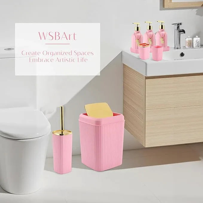WSBArt 17PCS Bathroom Accessory Set Pink Bathroom Set Bathroom Accessories,Toilet Brush, Trash Can, Qtip Holder Dispenser& 3PCS Soap Dispenser - ModernBath