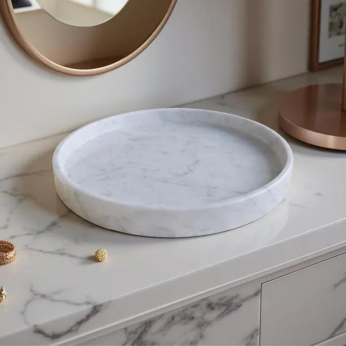 Apasqro Carrara White Marble Tray Round 10 Inch, Natural Stone Perfume & Dessert Tray, Elegant Serving & Display Plate for Home, Vanity, 2 cm Deep, Non-Slip Base - ModernBath