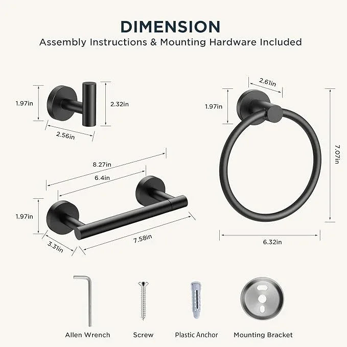 FORIOUS 4 Piece Bathroom Accessories, SUS304 Stainless Steel Double Post Pivoting Toilet Paper Holder, Towel Ring and 2 Towel Hooks, Wall Mounted Bathroom Hardware Set (Matte Black) - ModernBath
