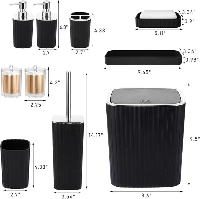 XLHOMO Bathroom Accessories Set - Gorgeous Bathroom Set, 10PC Black Bathroom Accessory Set, Toilet Brush, Trash Can, Qtip Holder Dispenser & Soap Dispenser - ModernBath
