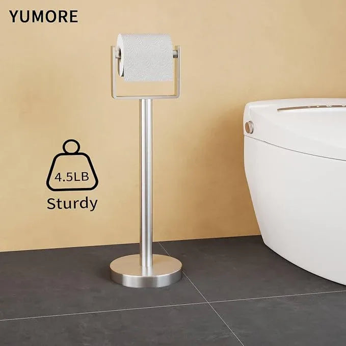 YUMORE Toilet Paper Holder Free Standing, Stainless Steel Toilet Paper Stand, Weighted Base Floor Tissue Roll Holder for Bathroom, Brushed Nickel 200UP - ModernBath