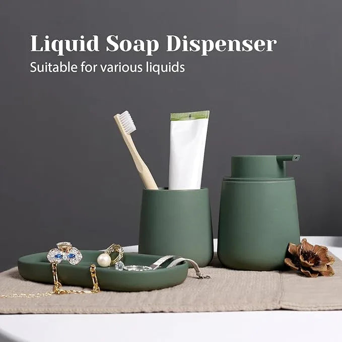 INGOFIN 3 Pcs Ceramic Bathroom Accessory Set - Liquid Soap Dispenser, Toothbrush Holder & Tray, Bathroom Counter Set, Countertop Essentials for Home, Guest Bathroom, or Office Use, Matte Green - ModernBath