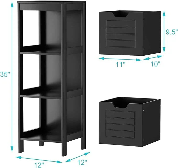 Tangkula Bathroom Floor Cabinet, Narrow Wood Storage Tower w/2 Switchable Drawers, Multifunctional Side Storage for Bathroom, Freestanding Small Cabinet for Small Spaces, 12 x 12 35 Inch (Black) - ModernBath