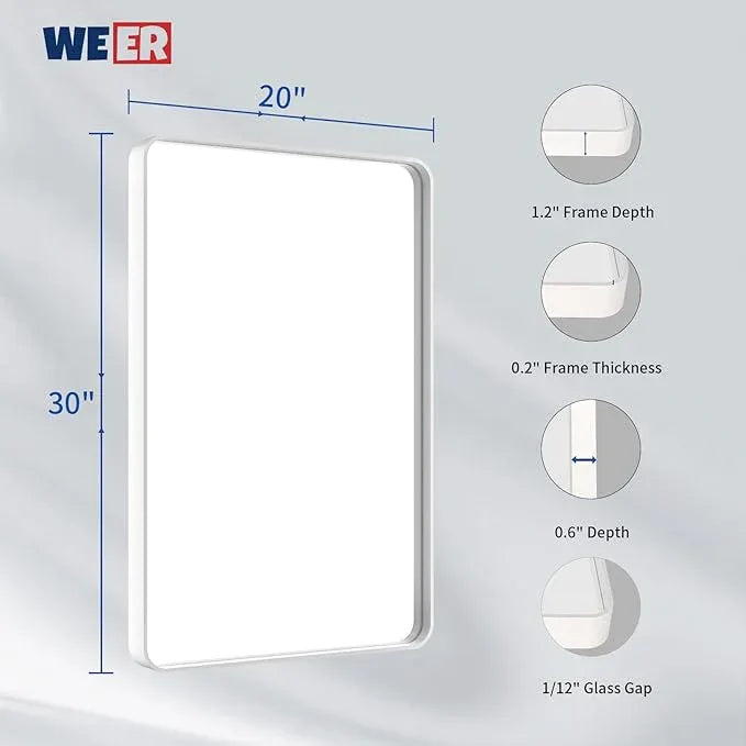 WEER White Bathroom Mirror 20X30 Inch, Rounded Rectangle White Metal Frame Mirror, Matte White Bathroom Vanity Mirror with Tempered Glass, Anti-Rust, Hangs Horizontally or Vertically - ModernBath