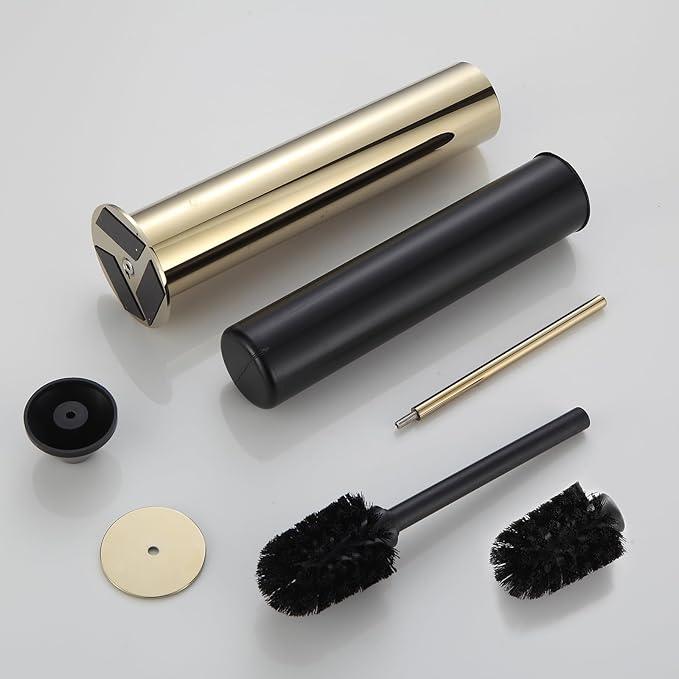 BGL Toilet Brush and Holder Set, Heavy Duty 304 Stainless Steel, Round Base and Long Handle for Bathroom Deep Cleaning, Drip-Proof, Space Saving for Storag, Gold - ModernBath