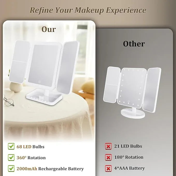 DailyCuddles Makeup Mirror Vanity Mirror with Lights, 3 Color Lighting Modes, 1X/2X/3X Magnification, Tri-fold, 360° Rotation, Phone Holder for Makeup, 2000mAh Rechargeable, Bedroom, Bathroom, (White) - ModernBath