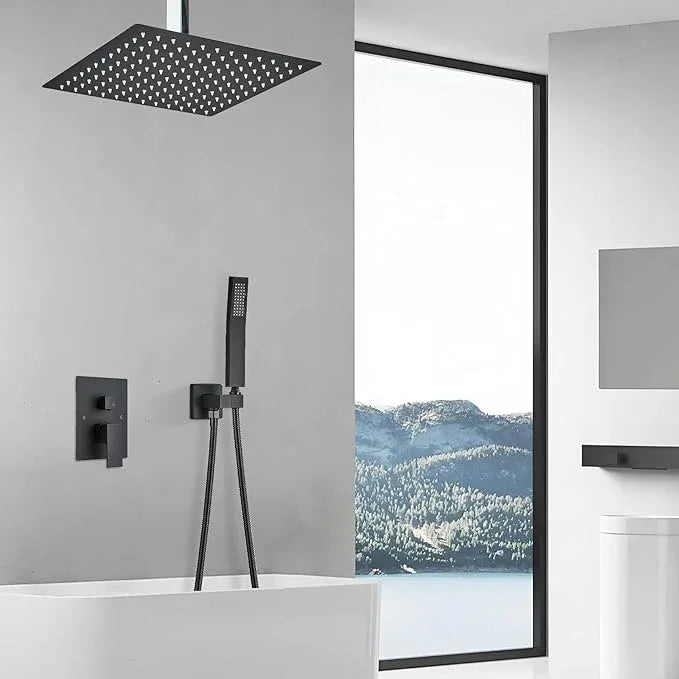 Shower Faucet Set Matte Balck Rain Shower System with High Pressure 10 Inches Rain Shower Head and Handheld Spray Bathroom Luxury Rain Mixer Shower Complete Combo Set Ceiling Mounted - ModernBath