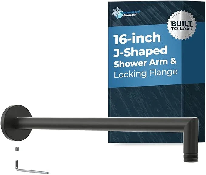 HammerHead Showers® Solid Metal 16 Inch Extended Shower Arm and Flange with Set Screw, Long Shower Arm, Extends Rain Shower Overhead, Wall-Mounted Rain Shower Arm, Matte Black - ModernBath
