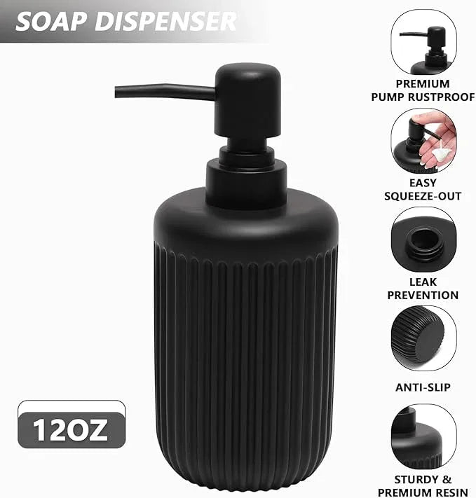 XLHOMO Resin Matte Black Bathroom Accessories Set 5 Pcs, Lotion Soap Dispenser, Toothbrush Holder, Bathroom Tumbler, Qtip Holder and Vanity Tray, Bathroom Countertop Organizer Set for Home Apartment - ModernBath