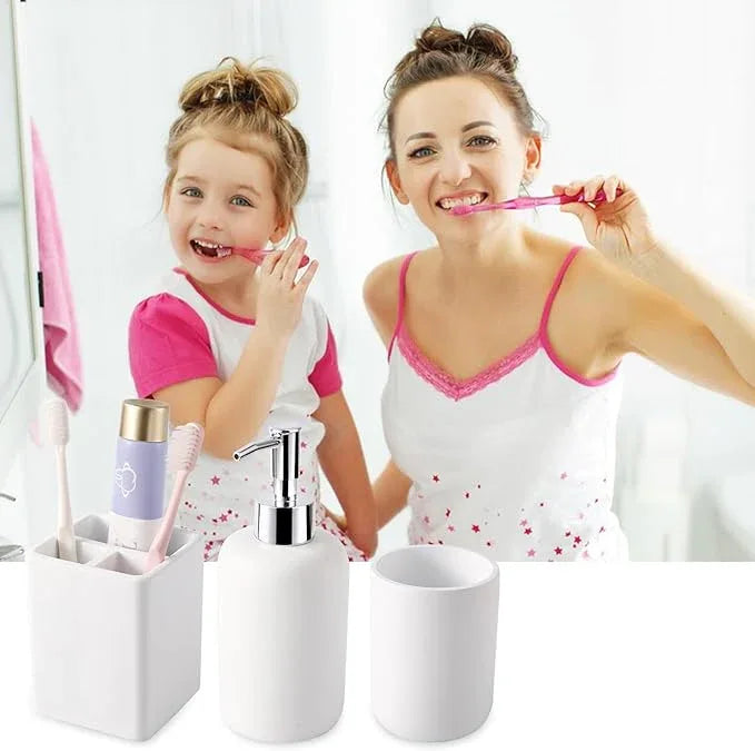 Resin 6 Pcs White Bathroom Set Complete with Toothbrush Holder, Lotion Soap Dispenser, 2 Qtip Holder Dispensers,Vanity Tray,Bathroom Tumbler - Countertop Vanity Organizer - Bathroom Accessories Set - ModernBath