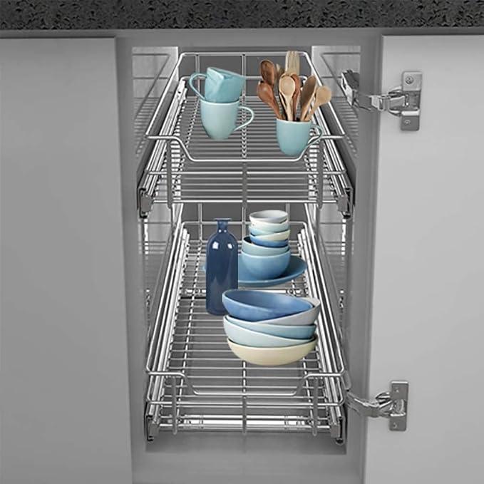 2 Tier Pull Out Cabinet Organizer 11" W X 17" D, Slide Out Drawers for Kitchen Cabinets, Pull Out Drawers for Cabinets Capacity Heavy Duty Caddy, Cabinet Pullout Shelves Chrome-Plated,Bathroom Pantry - ModernBath