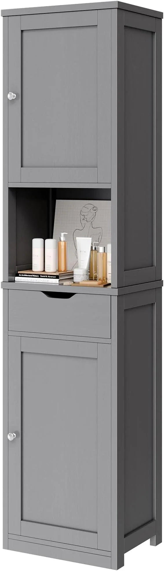 Vongrasig Tall Bathroom Storage Cabinet, 64”H Narrow Storage Unit for Small Spaces, Freestanding Modern Cabinet with Adjustable Shelves for Bathroom, Living Room, Kitchen, Grey - ModernBath