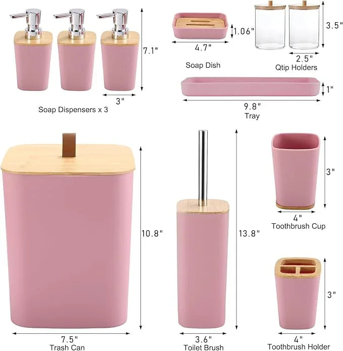 XLHOMO Pink Bathroom Accessories, Bathroom Accessories Set with Trash Can, Soap Dispenser, Toothbrush Holder, Toothbrush Cup, Soap Dish, Toilet Brush, Tray and Q-tip Holders for Housewarming - ModernBath