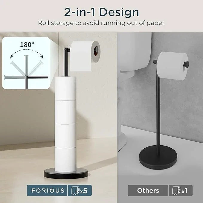 FORIOUS Toilet Paper Holder Stand Adjustable, Stainless Steel Freestanding Toilet Paper Holder with Storage, Bathroom Tissue Roll Stand Storage for 4 Rolls, Matte Black - ModernBath