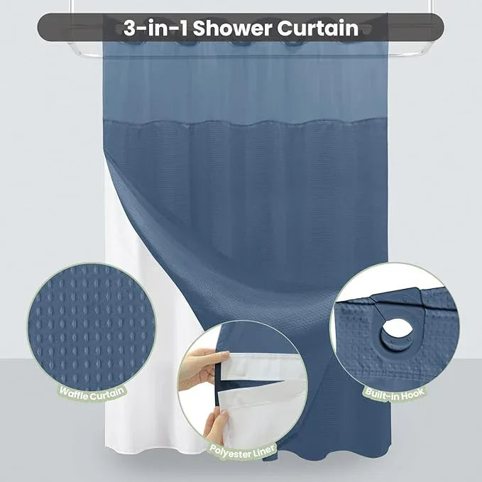 Inhousolu Long No Hook Shower Curtain with Snap in Fabric Liner Set Waffle Weave 230GSM Weighted Hem, Waterproof & Washable Bathroom Curtain Spa Luxury with Mesh Top Window 72"W x 78"L Moonlight Blue - ModernBath