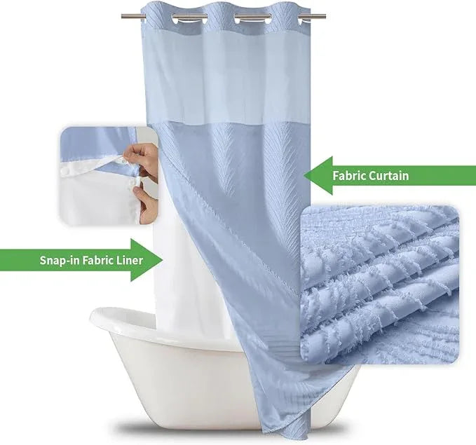 eachope stall no Hook Tufted Shower Curtain with snap in Liner Set, White Waterproof Fabric Inner Liner,Boho Style Shower Curtain with See Through top Window, FrostBlue, 36Wx74H - ModernBath