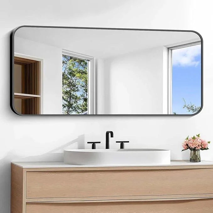 CIVENO Bathroom Mirror, 48 x 24 inch Black Rectangle Wall Mirror, Metal Framed Rectangular Vanity Mirror, Rounded Corner Wall Mounted Mirror for Modern Bedroom Living Room Horizontal/Vertical - ModernBath