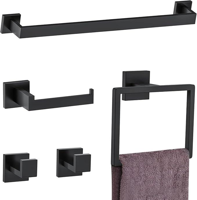 5 Pieces Towel Bar Set Matte Black Bathroom Hardware Accessories Set Include Towel Rack TP Holder Towel Ring Coat Hooks Stainless Steel Wall Mounted Towel Holder Set for Bathroom,23.6 in - ModernBath
