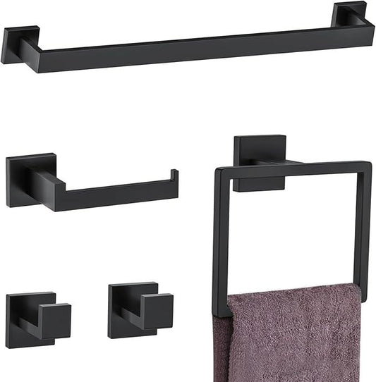 5 Pieces Towel Bar Set Matte Black Bathroom Hardware Accessories Set Include Towel Rack TP Holder Towel Ring Coat Hooks Stainless Steel Wall Mounted Towel Holder Set for Bathroom,23.6 in - ModernBath