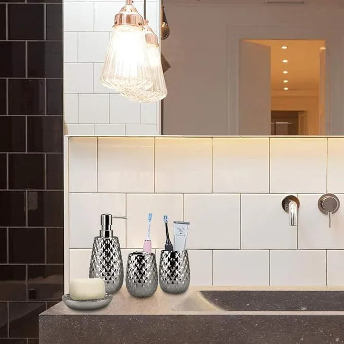 Silver Bathroom Accessories Set, Moroccan Trellis Bathroom Ensemble Complete Sets for Bath Decor Includes Soap Dispenser Pump, Toothbrush Holder, Tumbler, Soap Dish, Ideas Home Gift - ModernBath