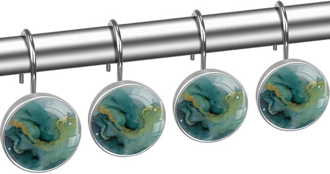 12 Packs Abstract Green Marble Shower Curtain Hooks, Crystal Glass Shower Curtain Rings for Bathroom, Rustproof Metal Curtain Rod Hooks - ModernBath