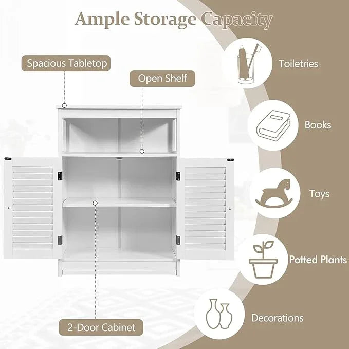 LDAILY Freestanding Organizer, Bathroom Storage with Double Shutter Doors, Adjustable Shelf, Wooden Floor Cabinet for Kitchen, Entryway (White) - ModernBath