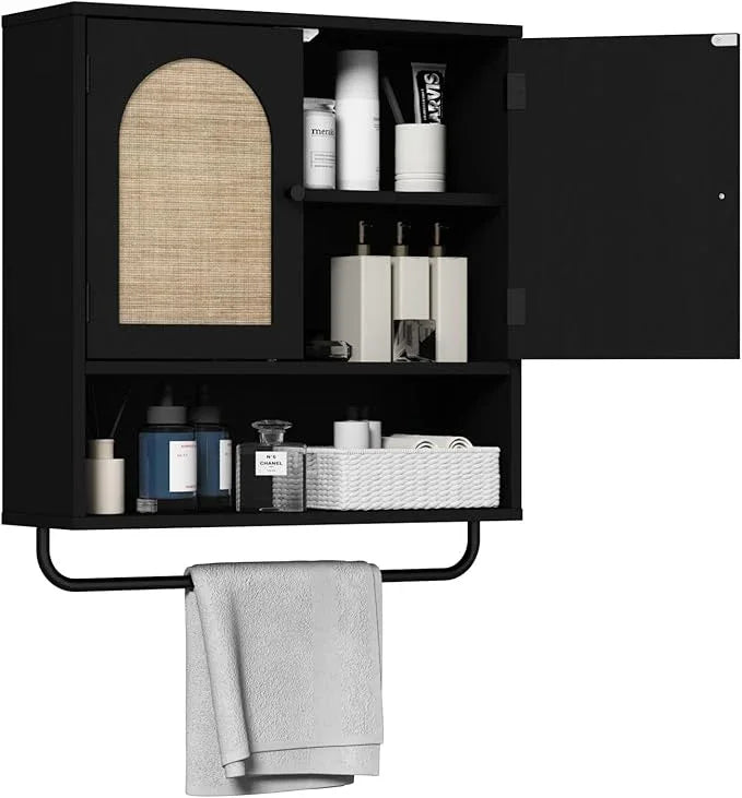 RUSTOWN Rattan Bathroom Wall Cabinet, Boho Medicine Cabinet with 2 Arched Doors, Farmhouse Over The Toilet Storage Cabinets with Adjustable Shelves & Towel Bar - ModernBath
