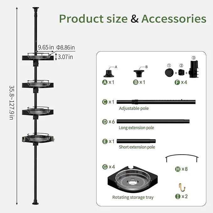akinbas Shower Caddy Tension Pole with 4 L-Lazy Susan Organizer 360 Rotating 35-128 Inch No Drilling Floor Standing Shelves Adjustable Shower Rack for Bathroom Corner (Black) - ModernBath