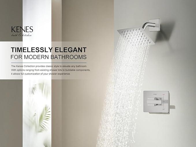 KENES Brushed Nickel 6-Inch Shower Head and Handle Set, Square Shower Faucet Set Bathroom Rainfall Shower System Wall Mount, KE-6025B (Shower Valve Included) - ModernBath