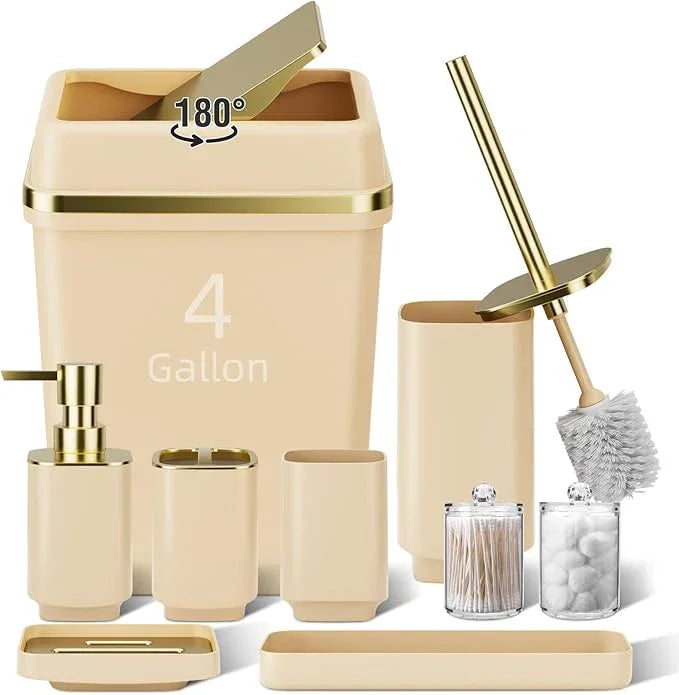 9PCS Bathroom Accessory Set, Beige Bathroom Set with Large-Capacity 4 Gallon Trash Can, Bathroom Accessories Set Complete, Toothbrush Holder, Soap Dispenser, Toilet Brush, Bathroom Decor - ModernBath