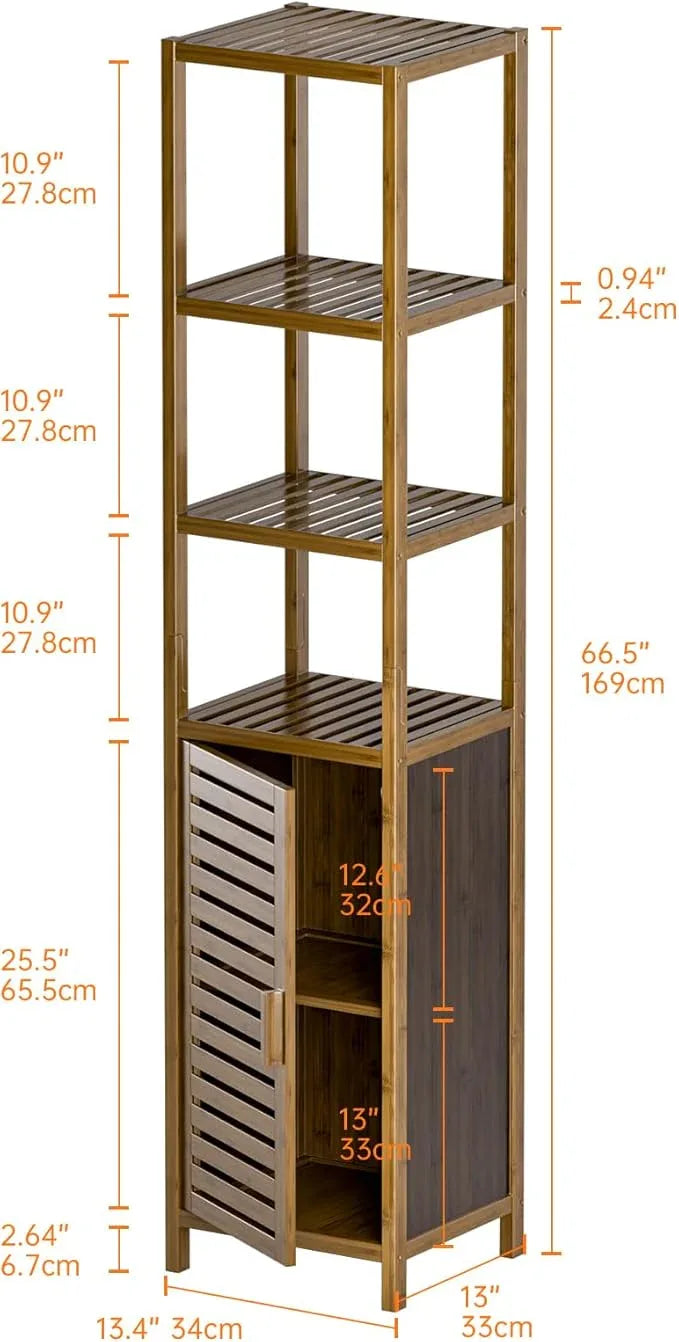 HITNET Bathroom Cabinet, Bamboo Floor Cabinet Freestanding Narrow Storage Unit with Removable Shelves, 6 Tier Tall Cabinet, Walnut - ModernBath