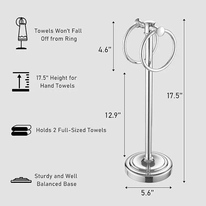 Hoimpro 17" Polished Chrome Standing Towel Rack Bracket, Double Towel Ring Free Hand Towel Stand Holder Bathroom Hardware Accessories Set Towel Bar for Bathroom Vanities and Kitchen Countertops - ModernBath