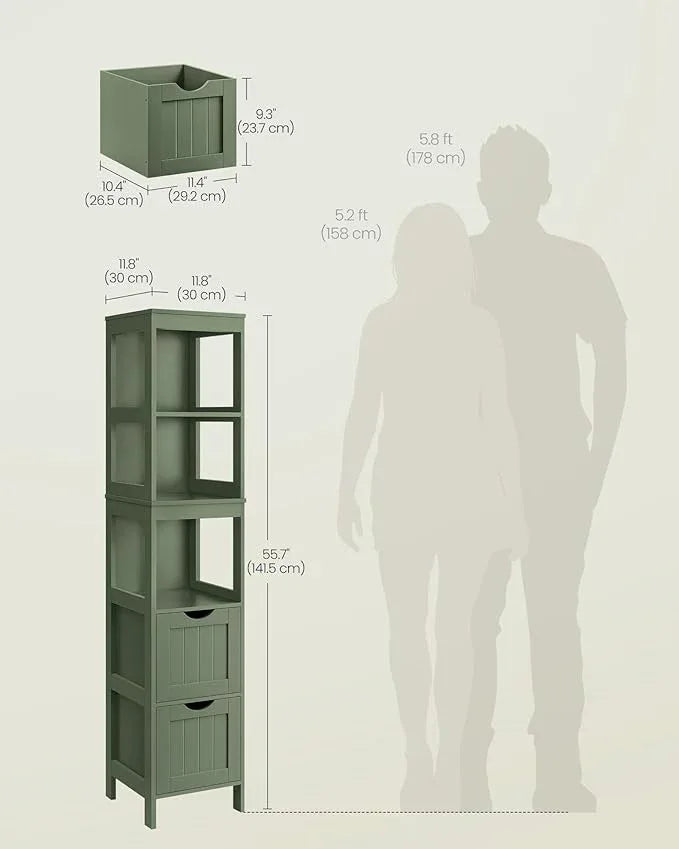 VASAGLE Storage Cabinet, Storage Organizer Rack Stand for Bathroom, Living Room, Bedroom, Multifunctional Corner Unit, 2 Drawers, 55.7 Inches in Height, Forest Green UBBC066C01 - ModernBath