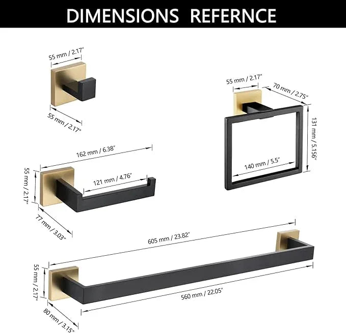 TNOMS 5 Pieces Bathroom Hardware Accessories Set Black and Gold Towel Bar Set,Wall Mounted Stainless Steel,23.6 Inch - ModernBath