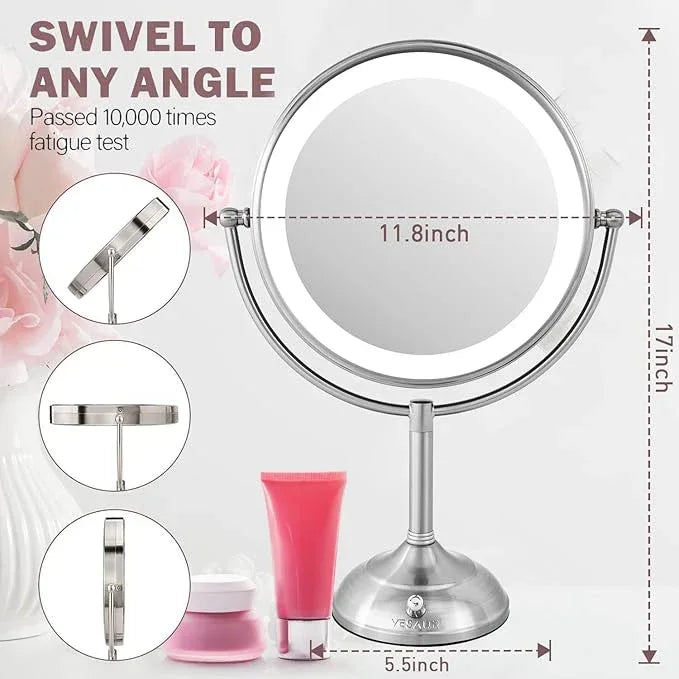 VESAUR 11" Large and 17" Tall Lighted Makeup Mirror, Double Sided 1X 10X Magnifying 3 Colors with Lights, Brightness Adjustable 360° Rotation Cosmetic Light up Mirror, Luxury Nickel - ModernBath