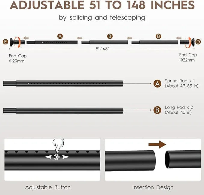 ZYKORT Tension Curtain Rod 51-148In (4.25-12Ft), Outdoor Curtain Rod No Drilling for Patio Window, Adjustable Spring Shower Curtain Rod for Bathroom, Never Rust, Tool-Free, Rod Diameter 1.26 In, Black - ModernBath