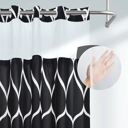 Yiatn No Hook Black Shower Curtain with Snap in Fabric Liner Set - Hotel Style with See Through Mesh Top Window - 71x74 INCH - ModernBath
