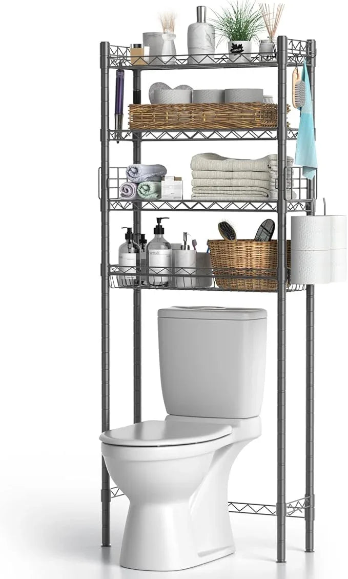 Hodonas 4-Tier Over The Toilet Storage, Adjustable Over Toilet Bathroom Organizer Rack, Freestanding Bathroom Shelves Above Toilet Storage, Sturdy Bathroom Space Saver with Basket and Shelves, Gray - ModernBath