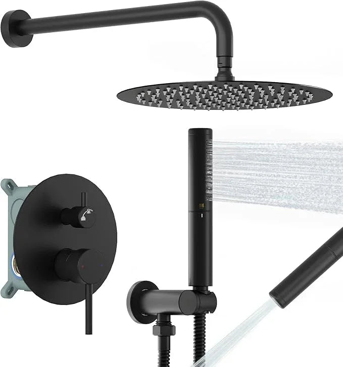 BESy Shower System with 10 Inch Round Rain Shower Head and Handheld Wall Mounted, High Pressure Rainfall Heads Shower Faucet Fixture Combo Set with 2 in 1 Spray Showerhead for Bathroom, Matte Black - ModernBath