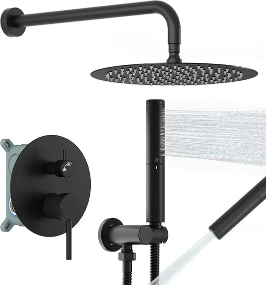 BESy Shower System with 10 Inch Round Rain Shower Head and Handheld Wall Mounted, High Pressure Rainfall Heads Shower Faucet Fixture Combo Set with 2 in 1 Spray Showerhead for Bathroom, Matte Black - ModernBath
