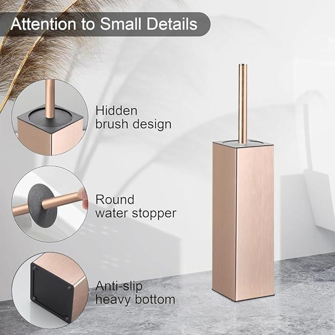 BGL Standing Toilet Brush and Holder Rose Gold Aluminium Toilet Bowl Cleaner Brush and Holder for Bathroom Storage and Organization, Square Design Sturdy and Space Saving - ModernBath