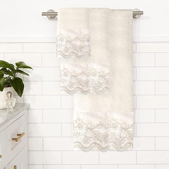 Zahari Home Rose Vine Bathroom Towel Set - 3 Piece Towel Set in Beige - Modern Decor, Unique Design - ModernBath
