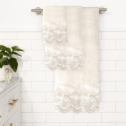 Zahari Home Rose Vine Bathroom Towel Set - 3 Piece Towel Set in Beige - Modern Decor, Unique Design - ModernBath