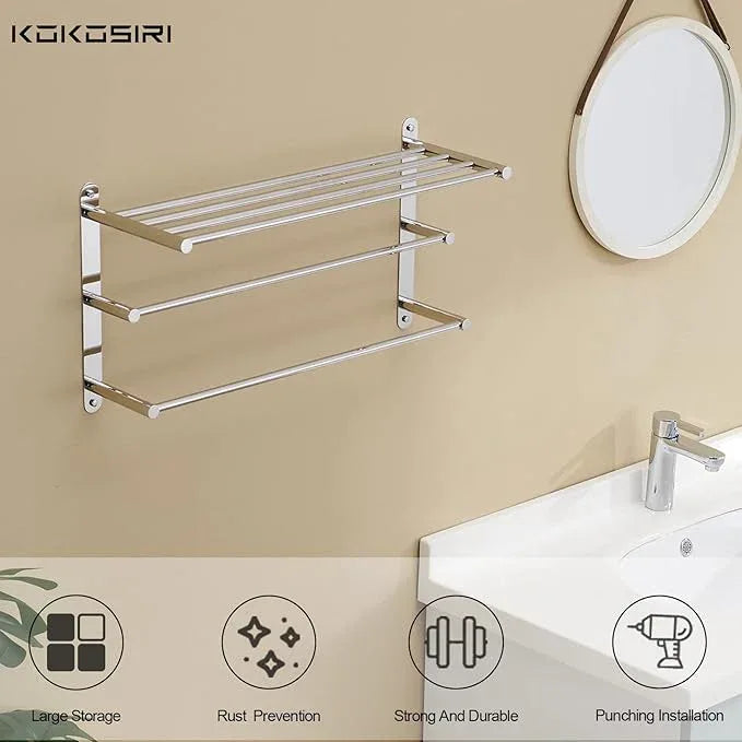 KOKOSIRI Storage Organizer Shelf Wall Mounted Double Towel bar with Shelf Bathroom Towel Rack Double Towel Rack, Polished Chrome, B5003CH - ModernBath