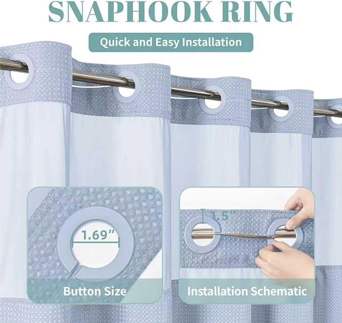 eachope Blue No Hook Waffle Weave Shower Curtain with snap-in Liner Replacement, 230GSM Waterproof Fabric Hotel Shower Curtain Set for Bathroom, Through Mesh Top Window,60Wx74H - ModernBath