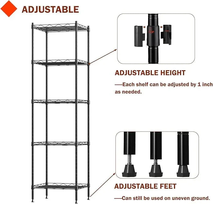 5 Tier Standing Metal Wire Shelving Unit, Adjustable Height, Storage Shelf Units for Laundry Bathroom Kitchen Pantry Closet (11.8" D x 11.8" W x 50.2" H inches, Black) - ModernBath
