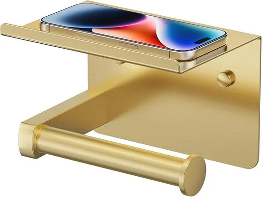 Toilet Paper Holder with Shelf, Adhesive or Screw Wall Mount Toilet Paper Roll Holder for Bathroom, 304 Stainless Steel Commercial Toilet Tissue Roll Dispenser with Phone Shelf (Brushed Gold) - ModernBath