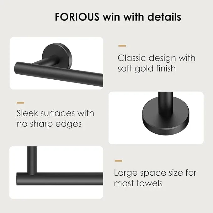 FORIOUS Black Towel Bar for Bathroom Wall, 24 Inch Stainless Steel Towel Racks for Bathroom, Includes Wall Mounting Hardware (Matte Black,Total Length 26-Inch) - ModernBath